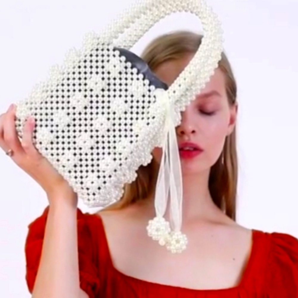 Womens Beaded Handbags Handmade Weave Crystal Pearl Tote Bags
